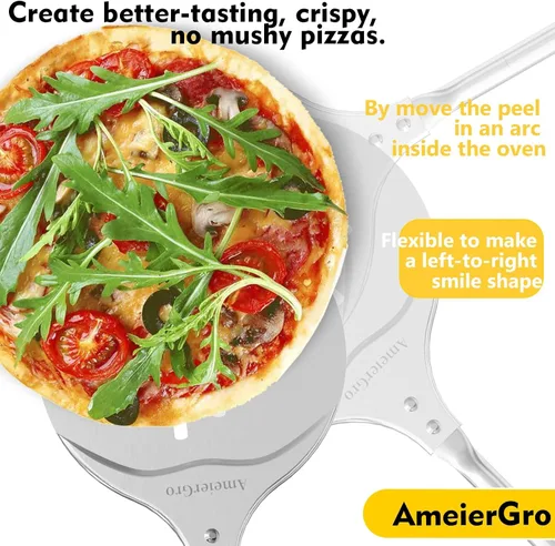 Miniatura 5 de Cáscara de torneado de pizza, espátula de pizza perforada de 7 pulgadas, espátula de pizza ajustable de mango largo, anodizado endurecido