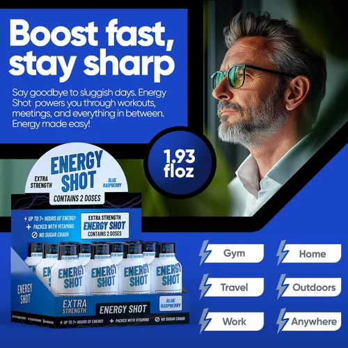 Miniatura 3 de Blue Raspberry Extra Strength Energy Shot 12 unidades – 260 mg de cafeína natural B12 B6 – Apoyo de energía y enfoque – 2 porciones sin azúcar Té