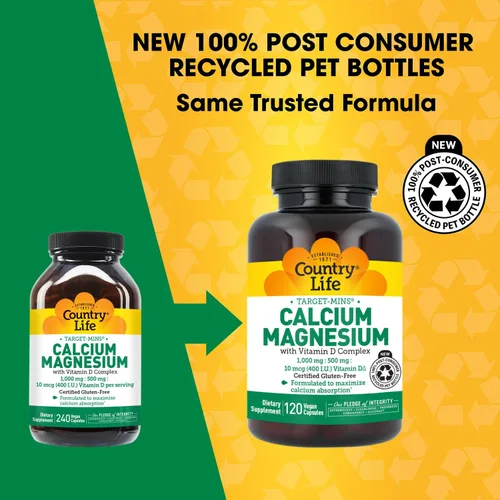 Miniatura 2 de Country Life Target-Mins - Calcio y magnesio con complejo de vitamina D, 1000 mg/500 mg/10 mcg, 240 cápsulas veganas, certificado sin gluten