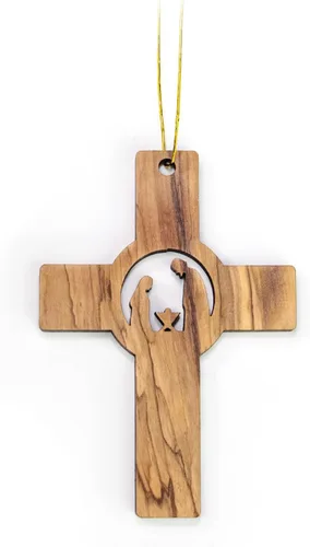 Miniatura 5 de Adornos de madera de olivo de Tierra Santa, adorno de pesebre de madera con bombilla 2D, pastores y ángeles, adornos de Navidad cristianos de 2 x 4