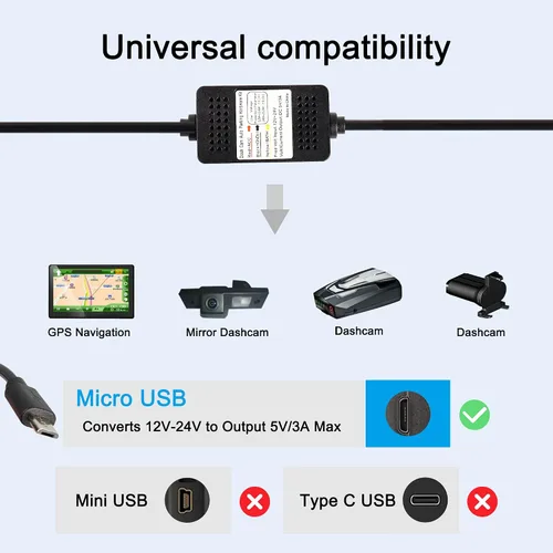 Miniatura 2 de MEIRIYFA Kit de cable duro Acc para salpicadero, cable micro USB, cable reductor, 12V-24V a DC 5V 3A, cable de alimentación para coche, cámara