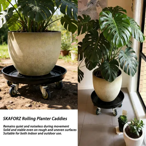 Miniatura 4 de Organizador de macetas con ruedas (capacidad de 430 libras), soporte de metal resistente con ruedas de freno, bandeja para plantas para interiores
