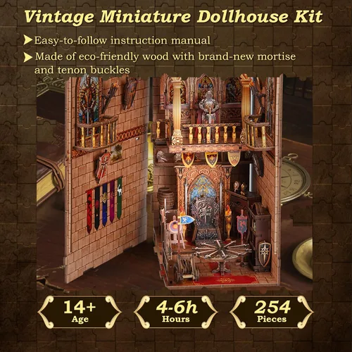 Miniatura 4 de Kit de Rincón de Libros - Casa de Muñecas Castillo del Caballero con Escena del Salón del Trono, Rompecabezas 3D en Miniatura para Estanterías