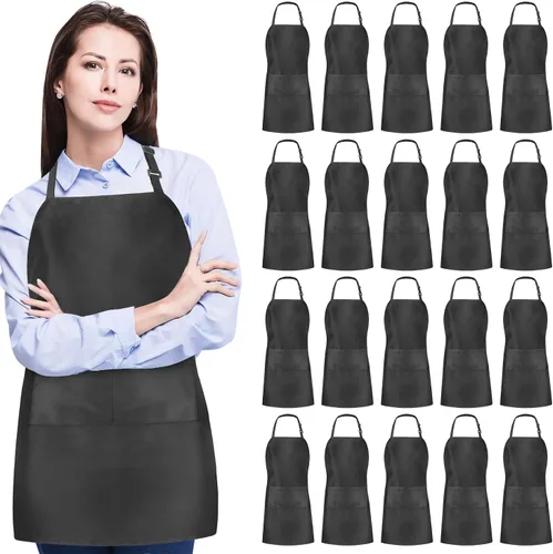 Paquete de 2/10/20 delantales negros ajustables a granel con 2 bolsillos para clases de cocina, barbacoas, fiestas de arte y manualidades
