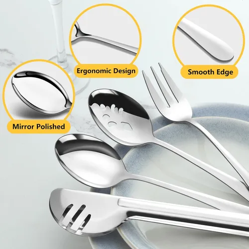 Miniatura 3 de Pleafind Juego de 16 utensilios de servir de acero inoxidable con cucharas de servir, cucharas de servir ranuradas, tenedores para servir y pinzas