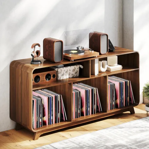 Soporte para tocadiscos con armario de almacenamiento de vinilo con estación de carga y puertos USB, mesa giratoria con capacidad para hasta 350