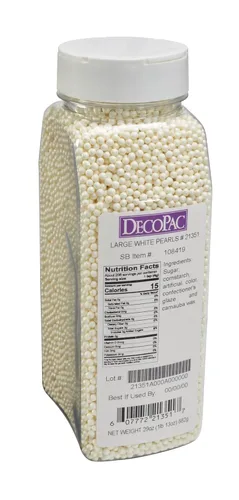 DecoPac White Pearl Grand Nonpareils, gránulos elegantes en recipiente de mano, gránulos comestibles para pasteles de celebración, cupcakes, Blanco