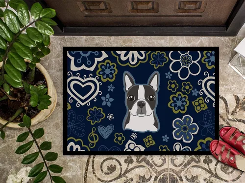 Miniatura 3 de Caroline's Treasures BB5054JMAT Boston Terrier - Tapete para puerta delantera, 24 x 36 pulgadas, diseño de flores azules, para interiores y Boston