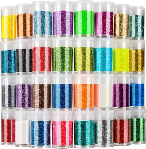 LEOBRO Brillantina, 32 colores de purpurina fina para manualidades, resina, pelo corporal, cara, uñas, decoración de fiesta, artes y manualidades