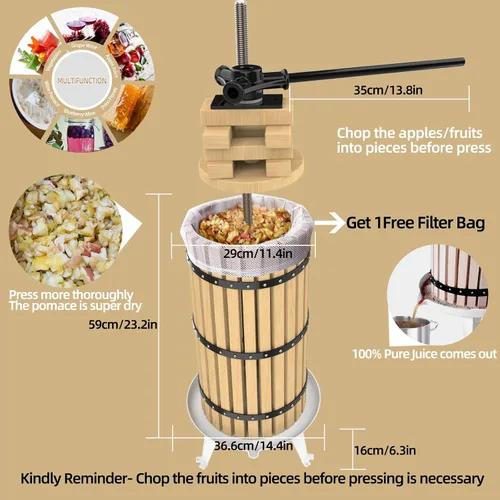 Miniatura 2 de SQUEEZE master Prensa de Frutas - 7.9 Galones/30L - Cesta de Madera Maciza Prensa de Vino - Exprimidor Tradicional Vintage - 6 Bloques de Prensa