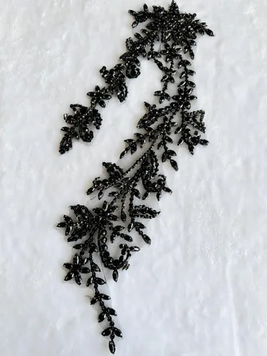 Miniatura 4 de Parches de lentejuelas brillantes de acrílico hechos a mano en encaje, con cuentas y piedras, para coser, accesorios para vestido de novia (negro)
