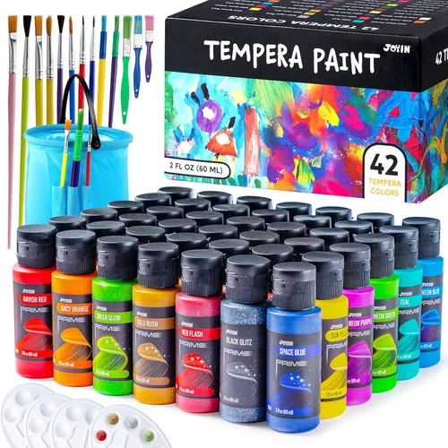JOYIN Juego de pintura de témpera lavable para niños, 42 piezas, pintura líquida no tóxica con 15 pinceles y 4 paletas - Suministro de arte para