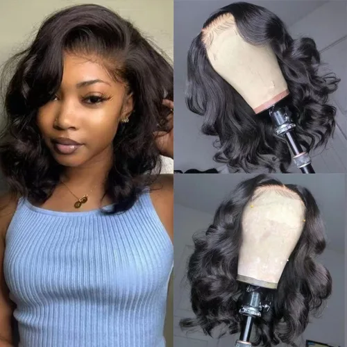 Peluca de encaje frontal sintética de onda profunda corta 180% de densidad, sin pegamento, línea de cabello natural, onda profunda, peluca de encaje