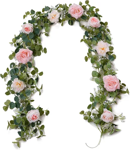Anna's Whimsy Guirnalda de eucalipto artificial de 5.91 pies con flores, guirnalda de rosa falsa de gypsophila, guirnaldas de vegetación floral