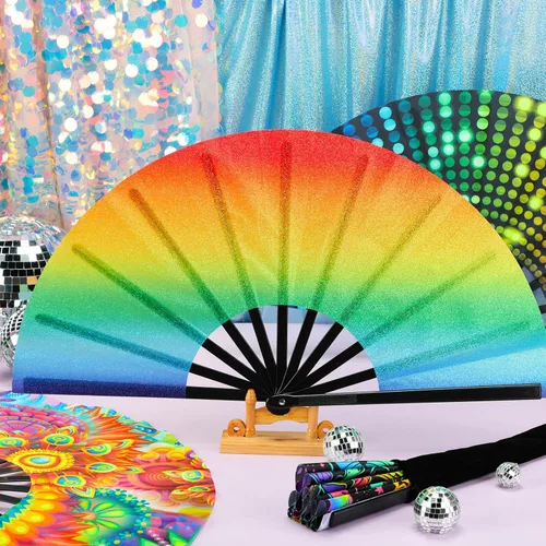 Miniatura 3 de Blulu 4 abanicos de mano plegables grandes de 13 pulgadas, abanicos gigantes que aplauden para rave, plegables para decoración de fiestas de baile