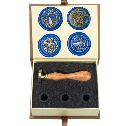 Miniatura 44 de Juego de sellos de cera de animales con 7 cabezas de latón extraíbles y 1 mango de madera, sello de cera retro para gatos, pájaros, mariposa, abeja