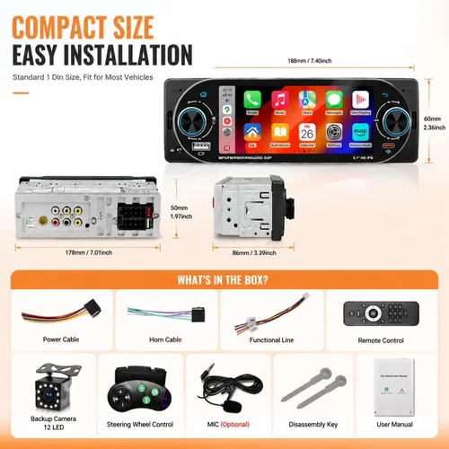 Miniatura 8 de Estéreo inalámbrico para automóvil de 5.1 pulgadas, Apple CarPlay, Android Auto, pantalla táctil IPS, Bluetooth 5.2, FM/AM/RDS, carga rápida USB