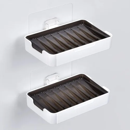 Miniatura 10 de YOHOM Jabonera adhesiva con bandeja de drenaje, barra de ducha blanca, soporte para jabón montado en la pared para baño, soporte para bandeja