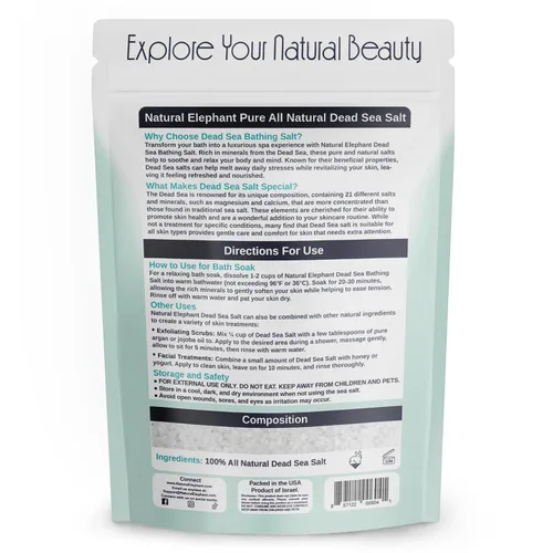 Miniatura 2 de Natural Elephant Sal de baño del Mar Muerto Bolsa de 1 libra (16 onzas) 100% natural y pura Grano grueso Ideal para baños y remojos