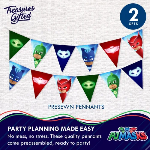 Miniatura 3 de Treasures Gifted Paquete de 2 banderines de cumpleaños con licencia oficial de PJ Masks - Cartel de PJ Masks - Suministros para fiesta de cumpleaños