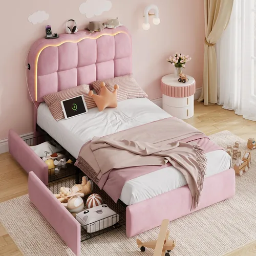 Miniatura 14 de CypBed Base de cama individual con cajones de almacenamiento y cabecero, base de cama LED tapizada de terciopelo para niños, marco de cama de metal