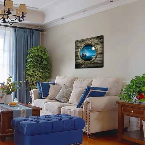 Miniatura 3 de Biuteawal - Lienzo con vista nocturna de luna llena, vista de ventana del océano, arte de pared, barco de vela, pintura de paisaje marino, obras