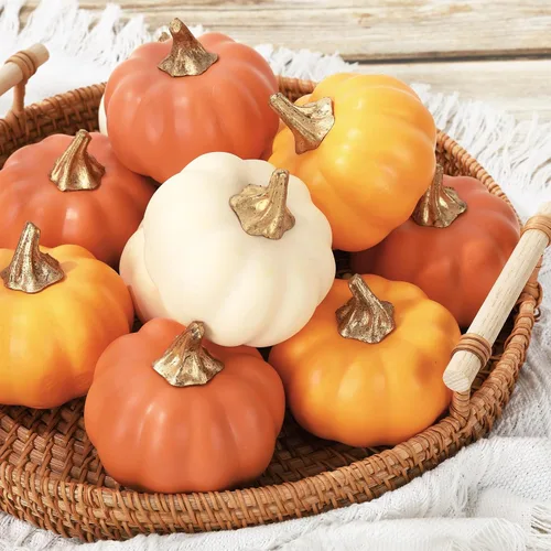 Miniatura 3 de AnyDesign 12 calabazas artificiales de otoño, mini calabazas de espuma falsas color naranja, verduras de cosecha sintética para otoño, Acción