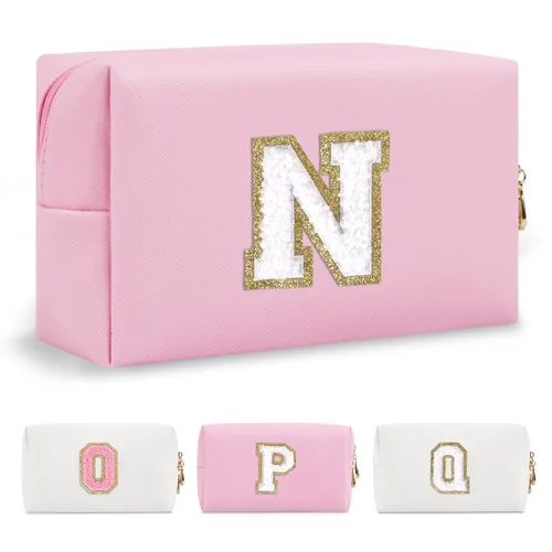 Miniatura 320 de Pequeña bolsa de maquillaje personalizada con inicial A-Z Preppy Patch, bolsa de cosméticos de viaje de felpilla blanca con cremallera, bonita bolsa