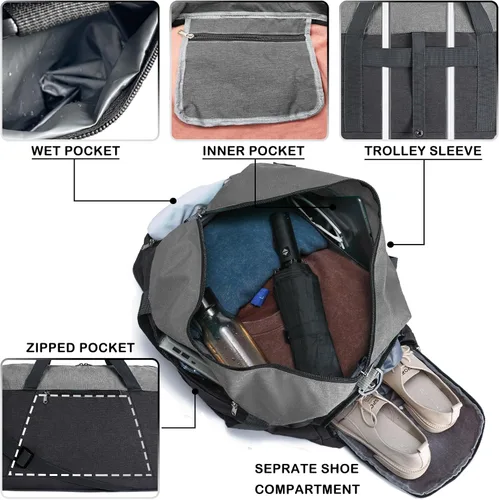Miniatura 4 de Bolsas de gimnasio para mujeres y hombres con compartimento para zapatos y artículos húmedos, bolsa de lona plegable de 40 L, bolsa de lona ligera