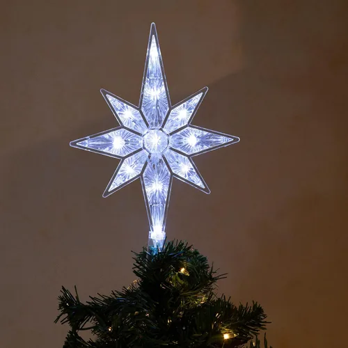 Miniatura 6 de Alpine Corporation Copo de nieve de 13 pulgadas de alto con 8 puntos para árbol con 11 luces LED blancas frías, decoración navideña con función