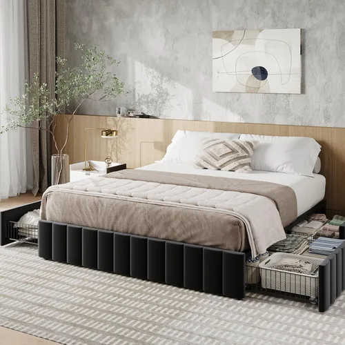 Allewie Base de cama de plataforma de tamaño completo con 4 cajones de almacenamiento grandes, base de cama tapizada con canales verticales
