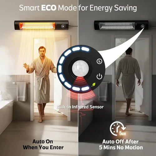 Miniatura 5 de Calentador eléctrico de pared para patio, calentador infrarrojo de 34 pulgadas y 1500 W con sensor de movimiento, IPX5 impermeable, 9 niveles