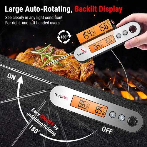 Miniatura 6 de Termómetro digital de carne ThermoPro TP610 para cocinar, termómetro de alimentos recargable de lectura instantánea con pantalla LCD giratoria