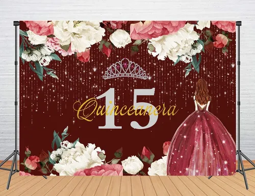 Miniatura 4 de Telón de fondo de feliz cumpleaños 15 para niña, quinceañera, 5 x 3 pies, corona de flores rojas burdeos, corona, princesa, decoración de fiesta