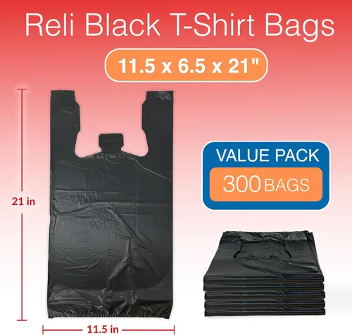 Miniatura 2 de Reli. Bolsas para camisetas (300 unidades) (negro) (11.5 x 6.5 x 21 pulgadas) - Bolsas de plástico negras (lisas) - Tienda de comestibles, compras