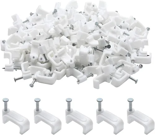100pcs 0.551 in Flat Ethernet Cable Cable Clips Solo Cable Coaxial Abrazaderas con Clavo para Gestión de Cables (Blanco)