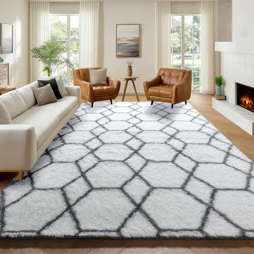 Miniatura 36 de ONASAR Alfombras de área para sala de estar y dormitorio, alfombra esponjosa lavable de 5x8 pies gris y blanca, alfombra de piso suave, afelpada