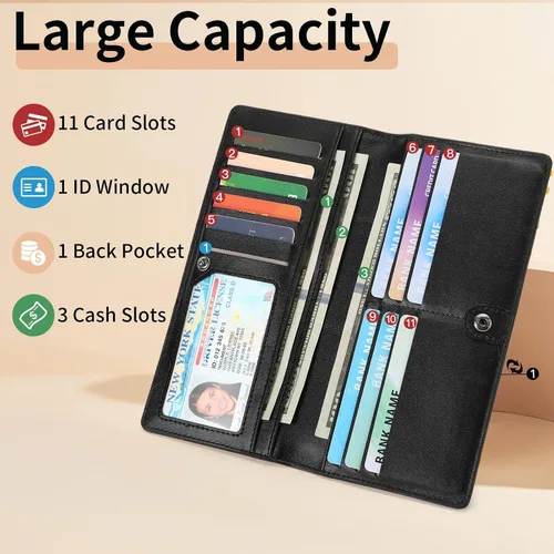 Miniatura 4 de FALAN MULE Cartera delgada ultrafina para mujer, de cuero plegable, bloqueo RFID, tarjetero de diseño, Negro