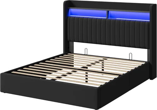 Miniatura 9 de SHA CERLIN - Estructura de cama de tamaño matrimonial con almacenamiento elevado/Luces LED/Estación de carga/Cabecero con estantes de 2 niveles/USB