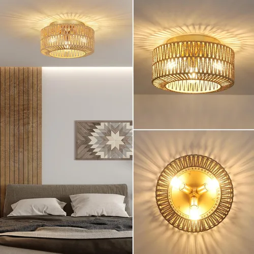 Miniatura 2 de PAUFUL Lámpara bohemia de 3 luces, lámpara de techo de ratán de granja, montaje empotrado con pantalla tejida a mano, lámpara moderna para sala