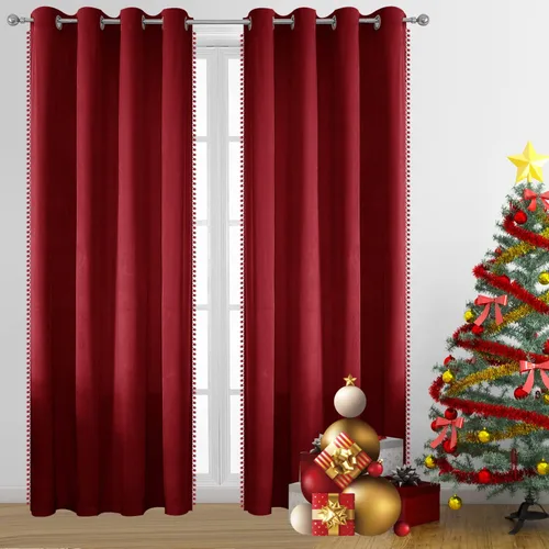 MISS SELECTEX Cortina de Navidad de terciopelo con pompones, cortinas opacas con borlas para oscurecer la habitación, cortinas suaves de lujo con
