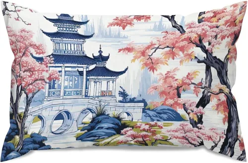 Miniatura 74 de ArogGeld Funda de almohada blanca con flores chinoiserie, funda de almohada para sofá, diseño floral verde y blanco, funda de almohada de lino A-12