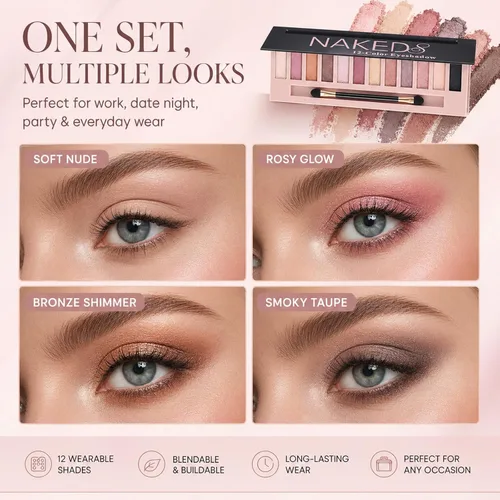 Miniatura 2 de Sulily Kit de paleta de sombras de ojos desnudas de 12 colores, paleta de sombra de ojos con pigmento ahumado mate mate con brillantina, paletas