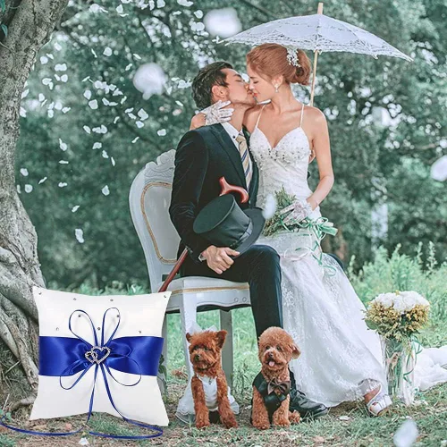 Miniatura 4 de Tyenaza Almohada portadora de anillo, almohada de anillo de boda de 7.8 pulgadas, soporte para anillo azul real, cojín de doble corazón
