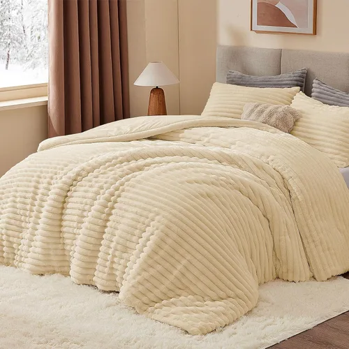 Miniatura 2 de BEDELITE - Juego de edredón de forro polar tamaño individual: ropa de cama supersuave y cálida en color beige, juego de cama de lujo esponjoso