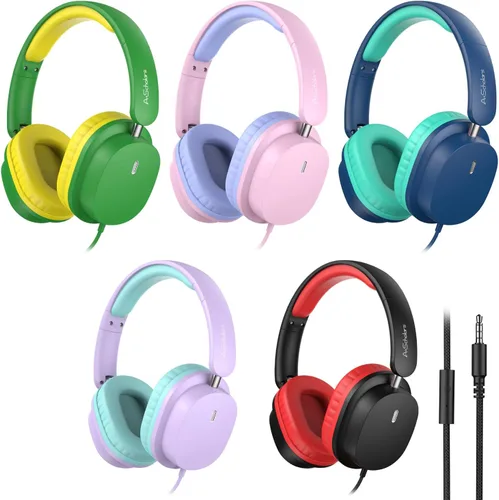 Auriculares para niños en paquete de 5 unidades para la escuela, auriculares con micrófono HD y sonido estéreo sobre la oreja para el aula, ajuste