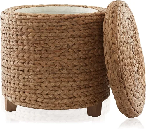 Miniatura 10 de Casafield Otomana redonda de almacenamiento de 17 pulgadas con tapa, natural, taburete de jacinto de agua tejido a mano para sala de estar