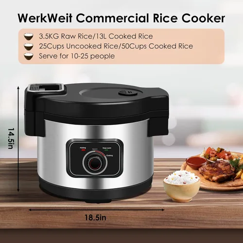 Miniatura 2 de Arrocera comercial 13L olla de arroz grande 50 tazas (cocidas)/25 tazas (sin cocinar), olla arrocera de 1850 W para restaurante, comedor, fiesta