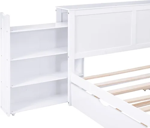 Miniatura 9 de RUNNA Elegante cama de plataforma de tamaño Queen con estantes extraíbles, cama de almacenamiento de madera con nido de tamaño individual