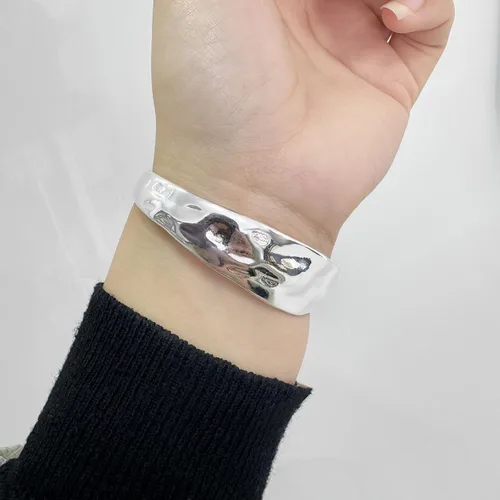 Miniatura 4 de Brazalete grueso de plata de ley estilo vintage con textura martillada estilo declaración, pulseras abiertas para mujer